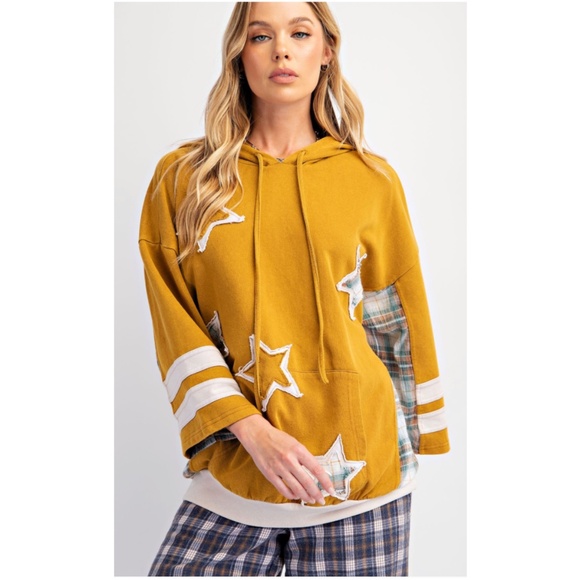 Easel Star Patch Plaid Cotton 3/4 Sleeve Hoodie Shirtshirt Top - Picture 4 of 5